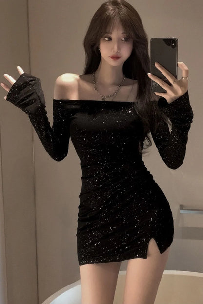 One-Shoulder Sequined Long Sleeve Sexy Pencil Skirt