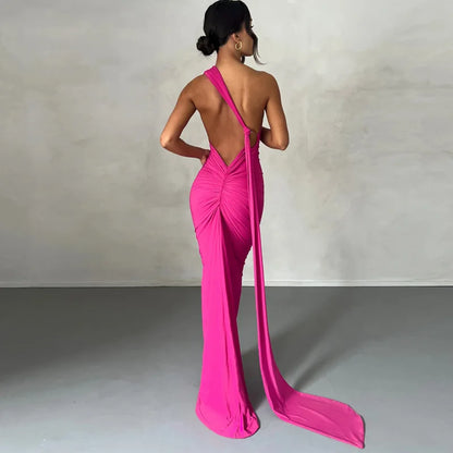 Womens Elegant Evening Party Cocktail Long Dress Sexy Backless Open Back Ruched Slim Bodycon Formal Wedding Guest Maxi Dress Badiee Stylez