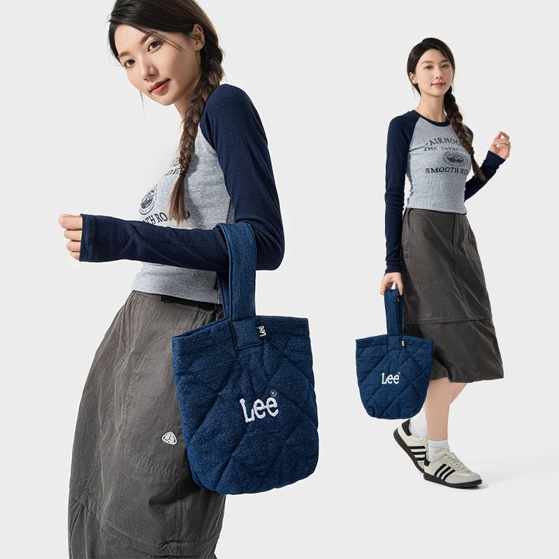 LEE Ladies Cute Design Puffer Bag Casual Soft Small Pink White Quilted Handbag Women Korean Style Down-filled Phone Bucket Bag