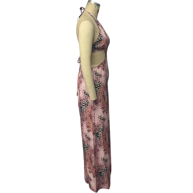 Wefads Jumpsuit Women 2025 Casual Fashion Sleeveless Printed Halter Neck Backless Lace Up Loose Wide Legs Pants Rompsers