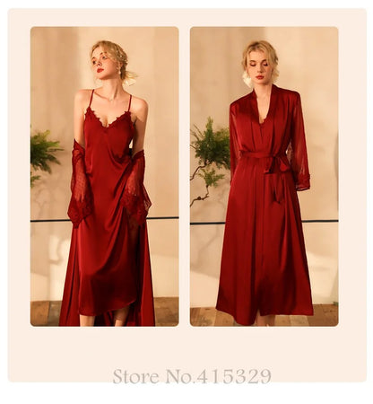 Wedding Bride Robe Set Women Sexy Lace Patchwork Nightgown Long Kimono Bath Gown Loose Suspender Nightdress Intimate Lingerie