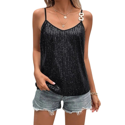 2024 Women´s Summer Sequin Cami Tops Spaghetti Strap V-Neck Sparkle Shimmer Loose Sleeveless Tanks Tops black