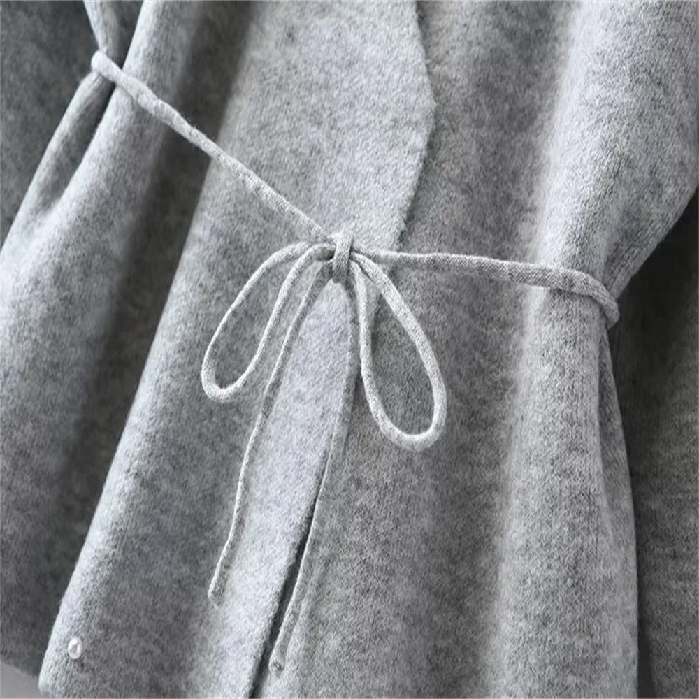 Women Solid Color Lace-up Knitted Sweater Jacket Female Cardigan with Belt Autumn and Winter Woolen Simple Cardigan Sweater