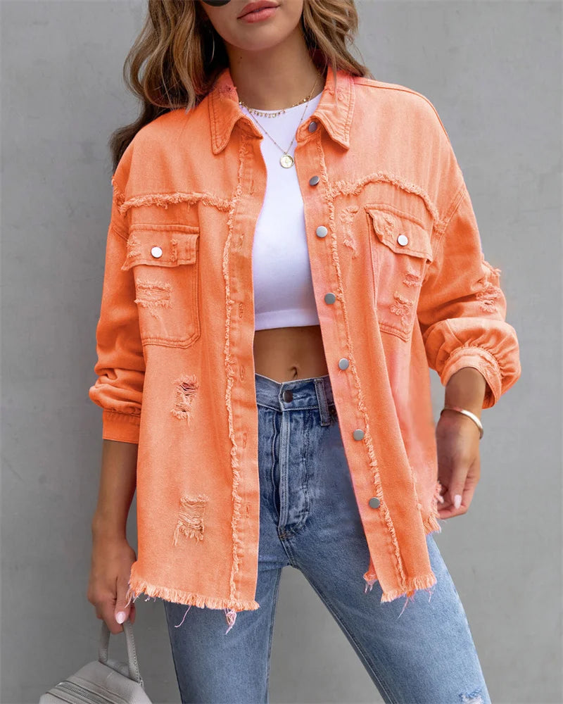 2025 Spring Autumn Shirt Style Denim Jacket Women Holes Raw-edges Jeancoat Casual Tops Female Oversize Loose Outerwear 7 Colors