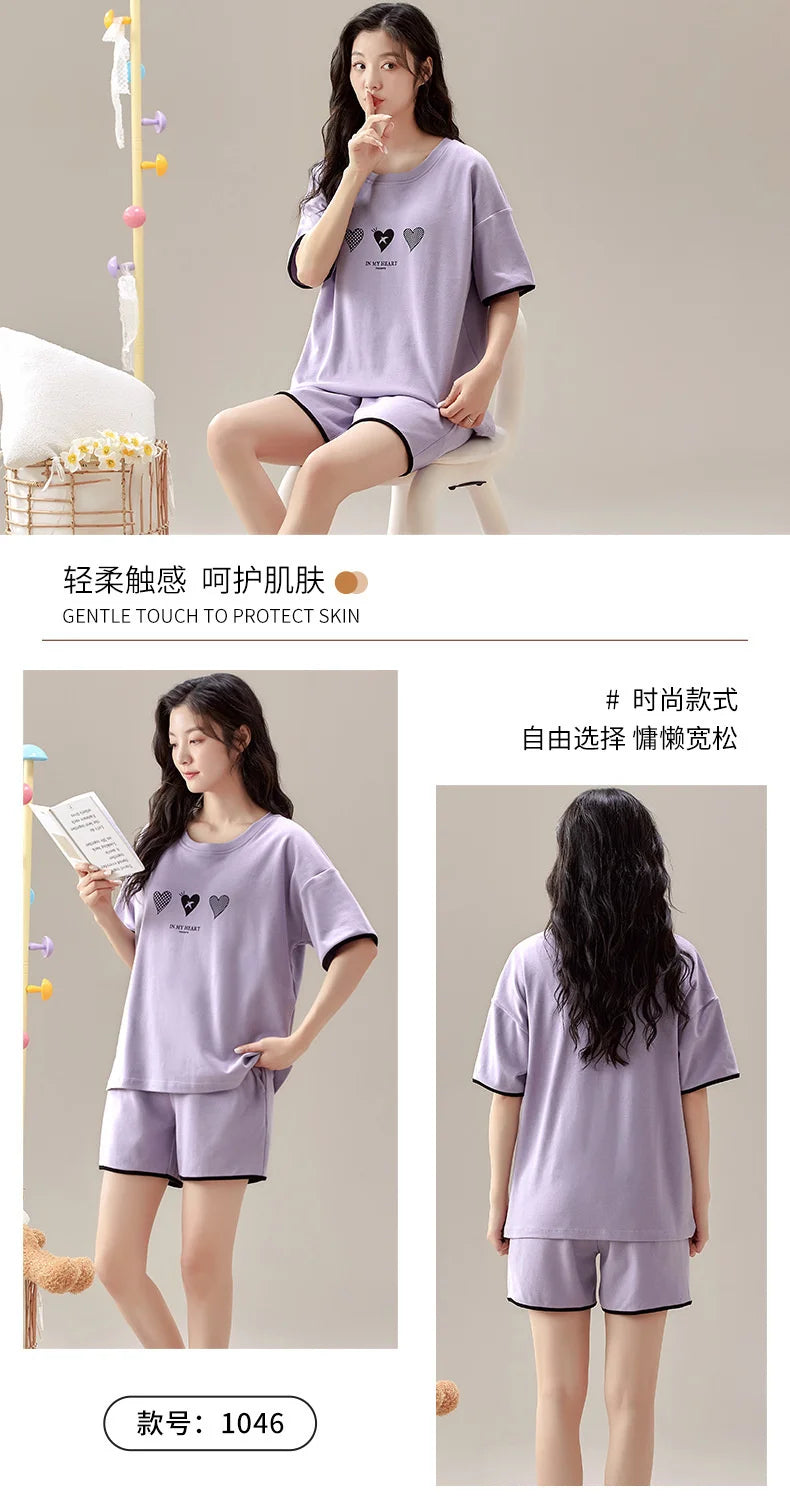 Summer 100% Cotton Women's Pajamas With Padded Bra Sweet Princess Cartoon Comfortable Short Sleeve Shorts Pajama Sets