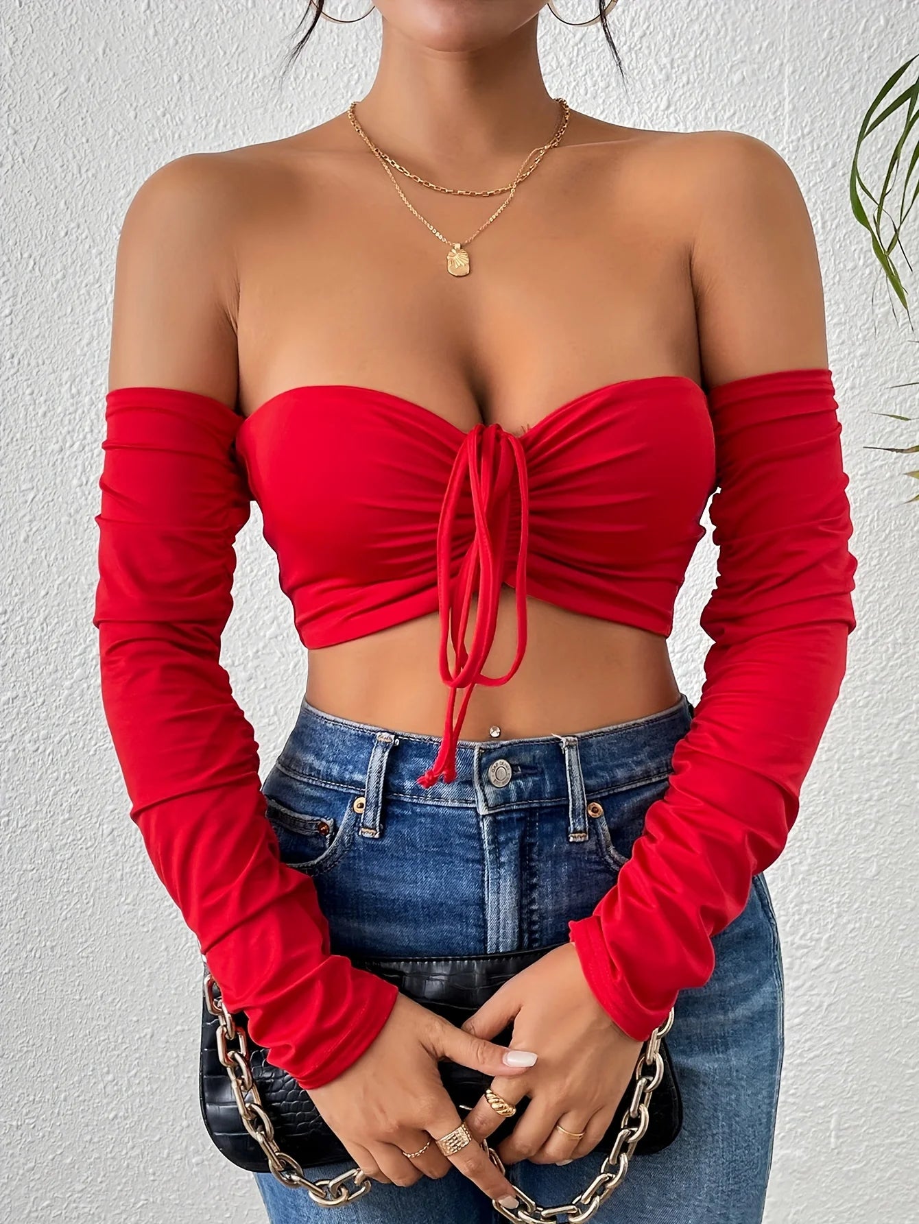 Sexy Ruched Crop T-Shirt - Off Shoulder, Long Sleeve, Drawstring Front, Flattering Fit, Clubwear, Night Out, Womens Fashion Clot Red