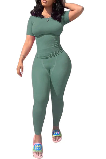 Lounge Wear Ribbed Casual 2 Piece Summer Shorts Set For Women Sleeve Top+Elastic Leggings Outfits