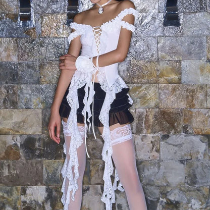 Hollow Out Lace Crop Top Women Sexy Off Shoulder Bodycon Bandage Slim Tank Tops Ladies 2024 Folds Lace-up T-shirts Femme