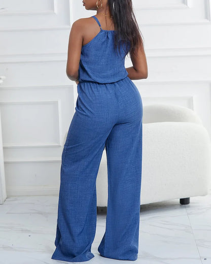 Women's Casual Blue Jumpsuit Spaghetti Straps Waist Tie Great for Daily Wear Shopping Trips Fashionable Hangouts Badiee Stylez