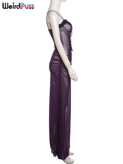 Weird Puss Side Split Women Dress Spaghetti Strap Halter Neck Edible Tree Fungus Hollow Out Sexy Evening Party Ladies Vestido