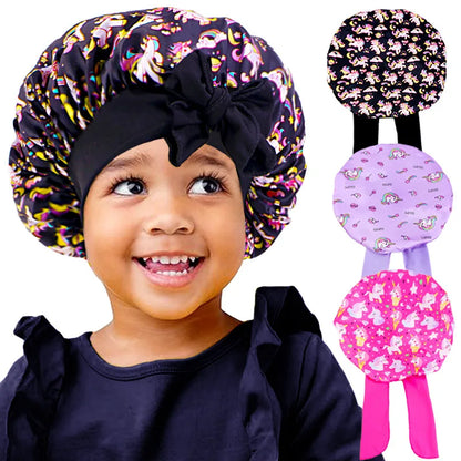 New Kids Unicorn Satin Bonnet Wide Elastic Band Ribbon Sleeping Cap Curly Natural Hair Child Night Caps Shower Cap Headscarf Badiee Stylez