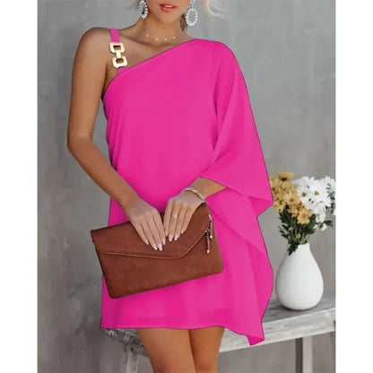 Summer Commuter Women's S-2XL size Dress One Line Diagonal Neck Off Shoulder Solid Color and PrintedMetal Strap Bat Sleeve Rose Red