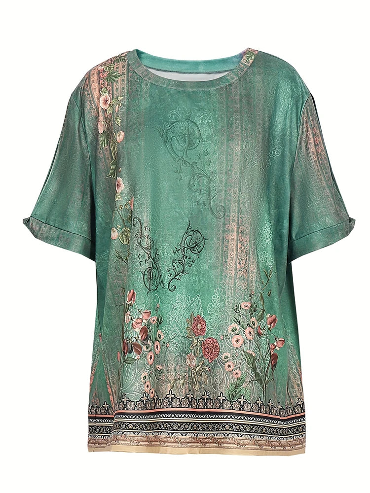 Plus Size 2024 Summer New Women's Printed Pattern Round Neck T-Shirt Short Sleeve Pullover Best for Summer