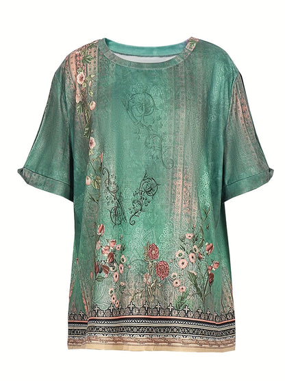 Plus Size 2024 Summer New Women's Printed Pattern Round Neck T-Shirt Short Sleeve Pullover Best for Summer