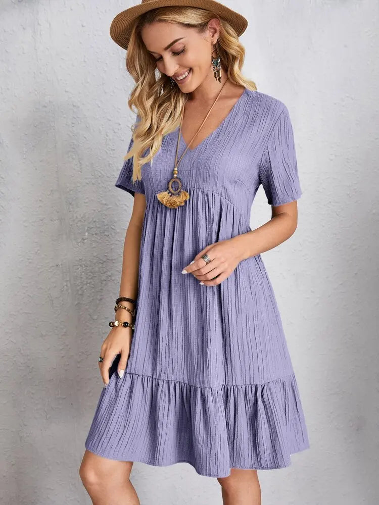 Women Elegant Short Sleeve V Neck Ruffles Dress Summer Casual Solid Loose Mini Dress Chic Bohemian Sundress Beach Party Vestidos Badiee Stylez