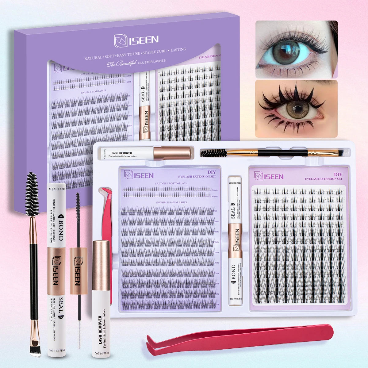 ISEEN DIY Eyelash Extension Kit Cluster Mix Eyelashes Full Set Lashes Kit with Lash Bond & Seal and Eyelash Tweezers and Brush Fairy and Venus Kit
