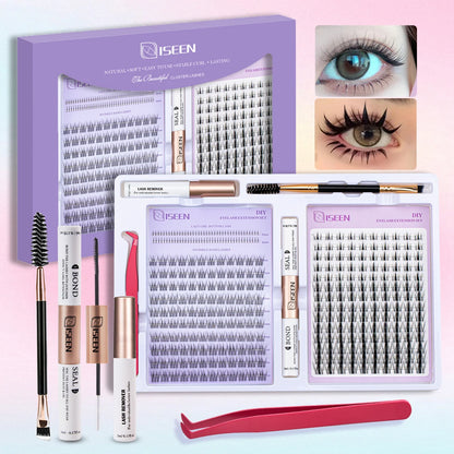 ISEEN DIY Eyelash Extension Kit Cluster Mix Eyelashes Full Set Lashes Kit with Lash Bond & Seal and Eyelash Tweezers and Brush Fairy and Venus Kit