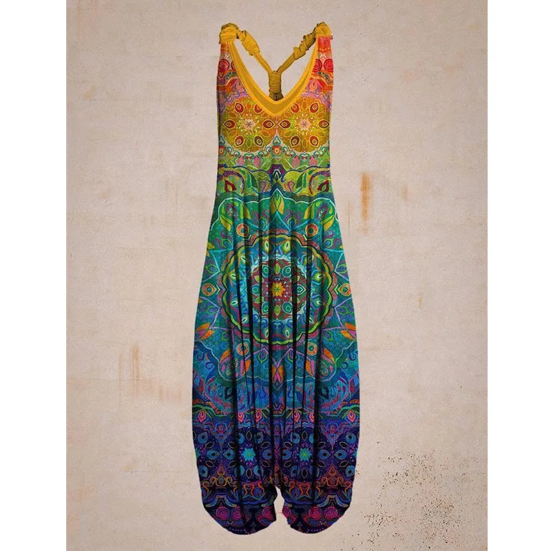 Bohemian Women's V-neck Sleeveless Jumpsuit Retro Ethnic Halter Top Harem Pants Beach Fashionable Casual Floral Print Jumpsuit 4
