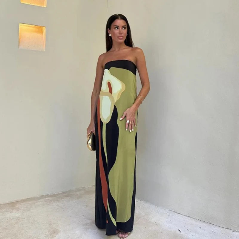 Sexy Strapless Backless Printed Long Dress Women Fashion Sleeveless Off Shoulder Vestidos 2024 Summer Lady Party Evening Robes green