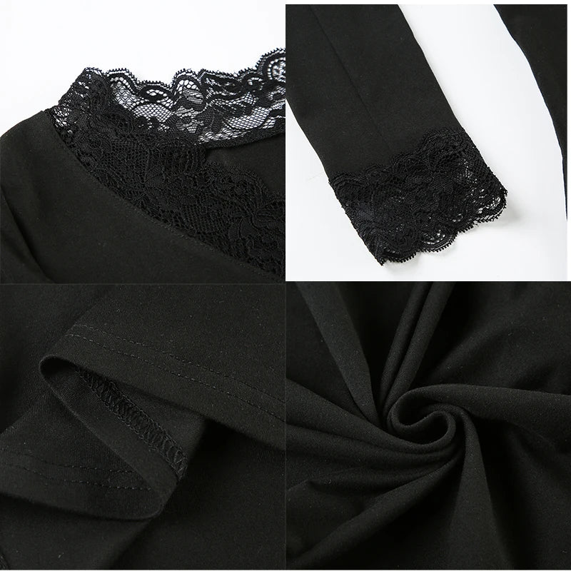 Cuteandpsycho Lace Patchwork Solid Slim Tee Shirts Long Sleeves V-neck Aesthetic Fashion Clothes Vintage Streetwear Black Tops