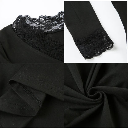 Cuteandpsycho Lace Patchwork Solid Slim Tee Shirts Long Sleeves V-neck Aesthetic Fashion Clothes Vintage Streetwear Black Tops