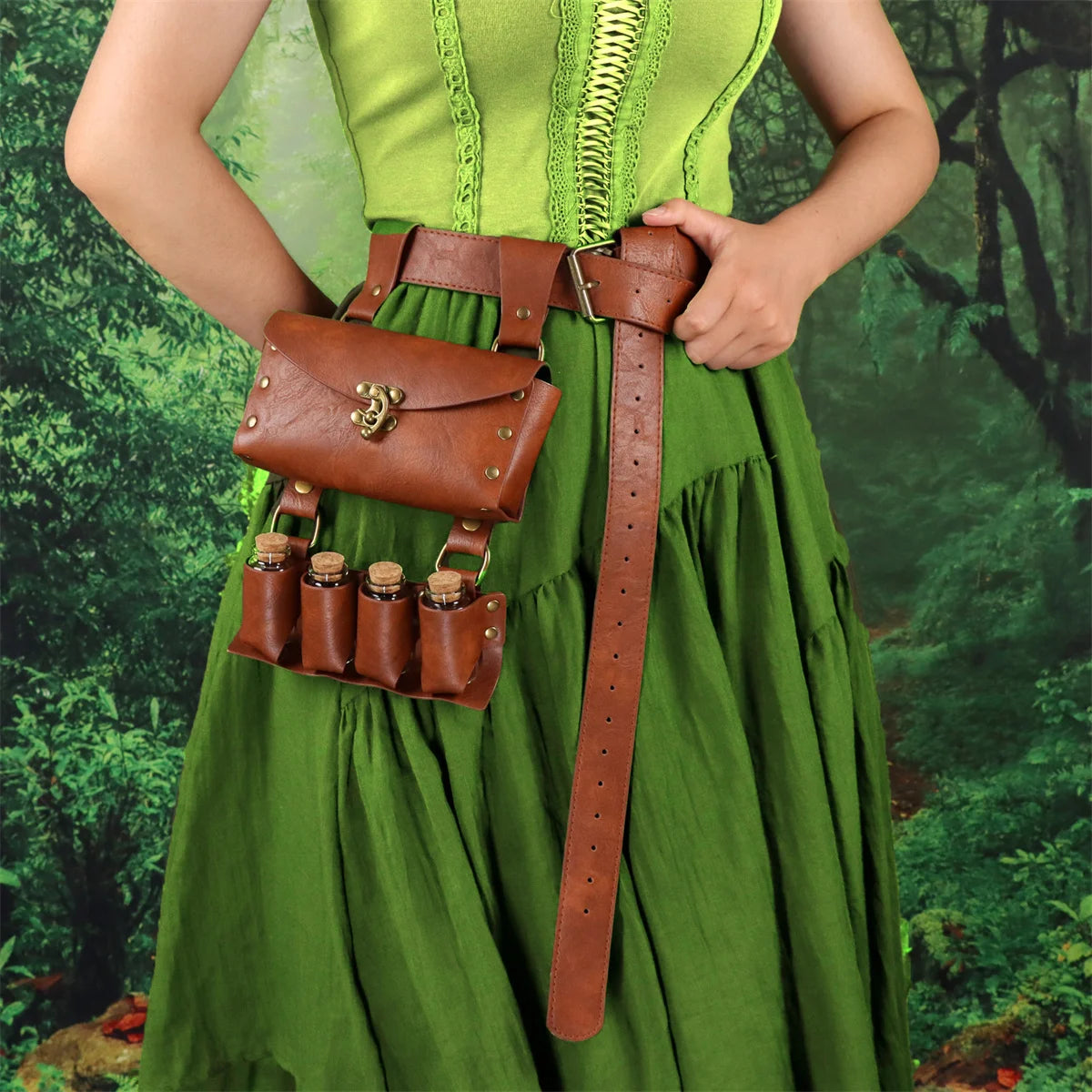 Renaissance Leather Belt Medieval Wizard Alchemy Glass Magic Bottle Cork Bottle Stopper Copper Coin Waist Bag Cosplay Belt Badiee Stylez