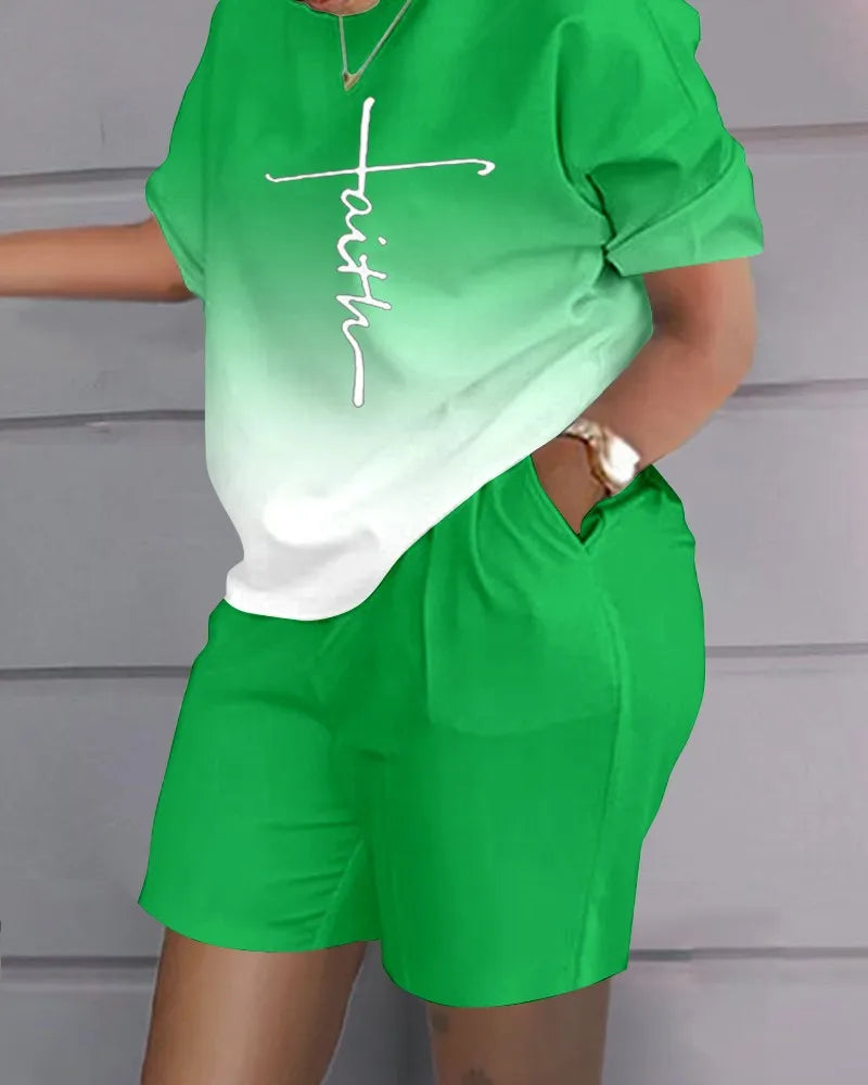 Women's T-shirt+Hot Pants Two Piece Set 2024 Summer Fashion Casual Printing Quick Drying Sports Fitness Top Shorts Female Suit