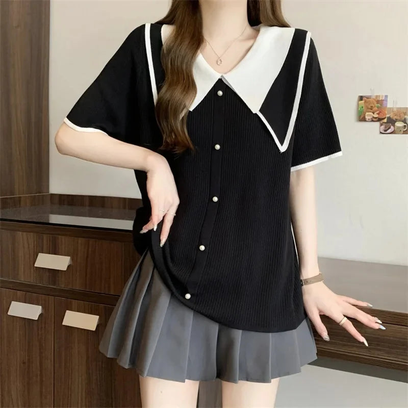 Plus Size Summer Knitted Short Sleeve T-Shirt Double Collar Polo Neck Loose Fit Meat Concealing Top for plus Size Women black