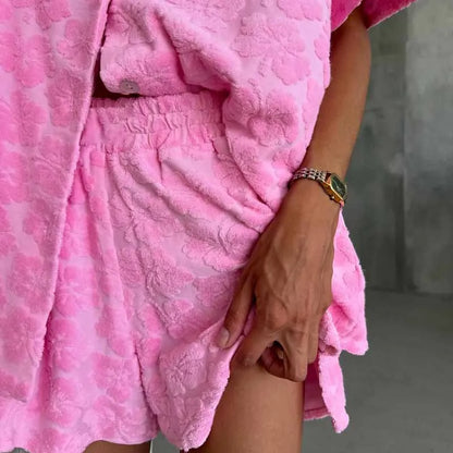 2025 Women's Soft 2PCS Pajama Sets Pink Color Loose Suit Elegant Sleepwear Sets Casual Lapel Short Sleeve Shirt + Shorts Outfits