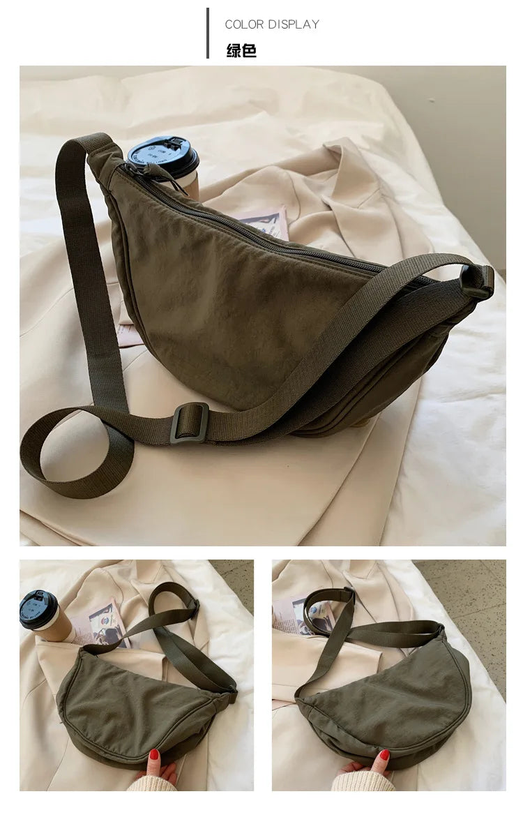 Solid Color Women's Portable Shoulder Bag Simple Female Nylon Cloth Padded Crossbody Bags Travel Purse Handbags Messenger Bag