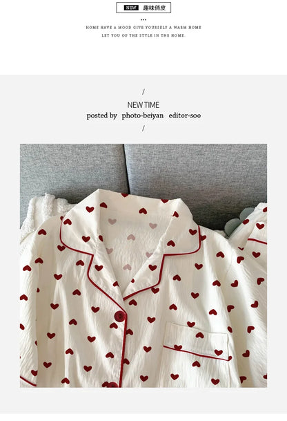 Women Summer Pajamas Three-piece Set Leisure Sleepwear Short Sleeve Lapel Sweet Heart Print Homewear Female Loose Loungewear