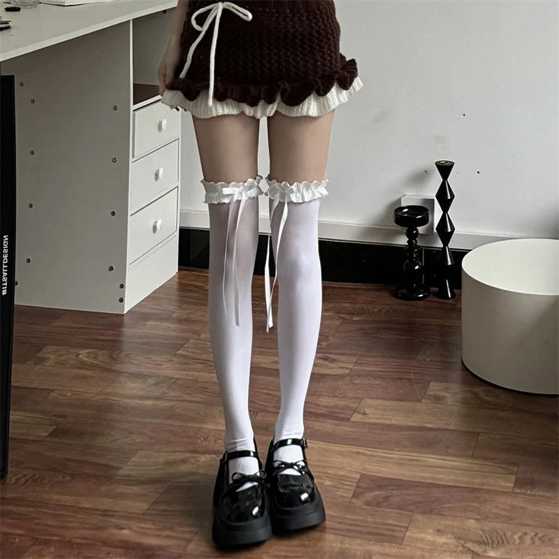 Women Black Bows Japanese Lolita Knee High Long Socks JK White Stockings Sexy Lace Thigh High Stockings Girls Kawaii Stockings