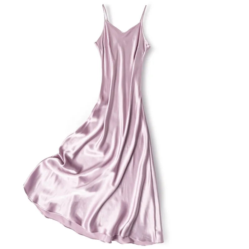 Small Heavyweight 21MM 100% Natural Mulberry Silk Plain Satin French V-neck Diagonal Cut Women's Sexy Solid Suspender Dress Badiee Stylez