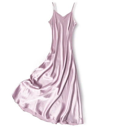 Small Heavyweight 21MM 100% Natural Mulberry Silk Plain Satin French V-neck Diagonal Cut Women's Sexy Solid Suspender Dress Badiee Stylez