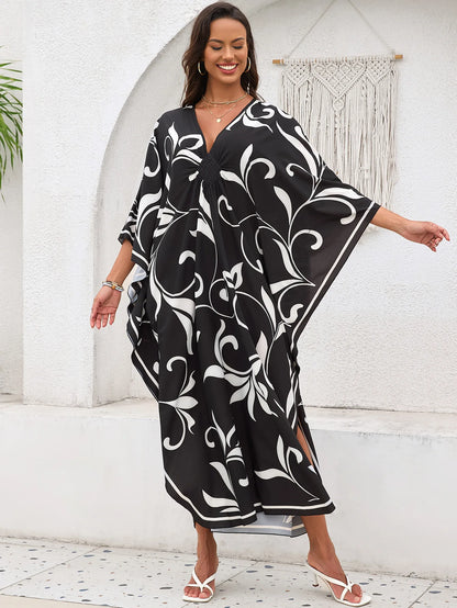 Plus Size Women Floral Print Kaftan Dresses Plus Size Swimsuit Coverup Summer Bathing Suit Caftan Loungewear Beach Dress 5DB245-15 One Size