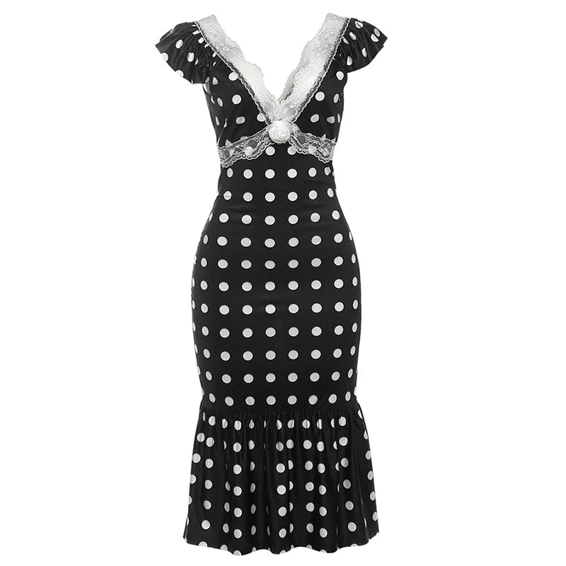 Polka Dot Ruched Dress Elegant Birthday Party Skinny Bodycon Sexy Backless Dress Women Flying Sleeve Lace Trim Applique