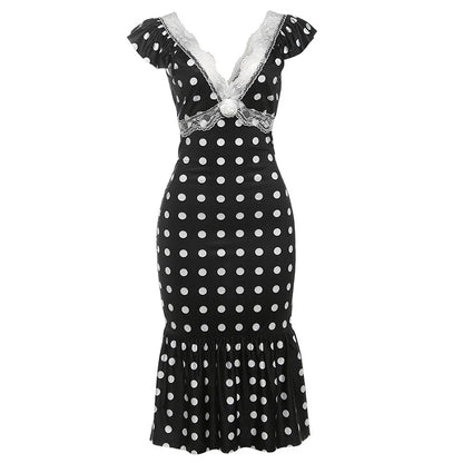 Polka Dot Ruched Dress Elegant Birthday Party Skinny Bodycon Sexy Backless Dress Women Flying Sleeve Lace Trim Applique