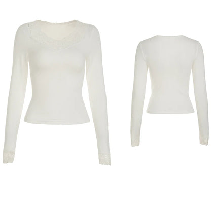 Cuteandpsycho Lace Patchwork Solid Slim Tee Shirts Long Sleeves V-neck Aesthetic Fashion Clothes Vintage Streetwear Black Tops Color2