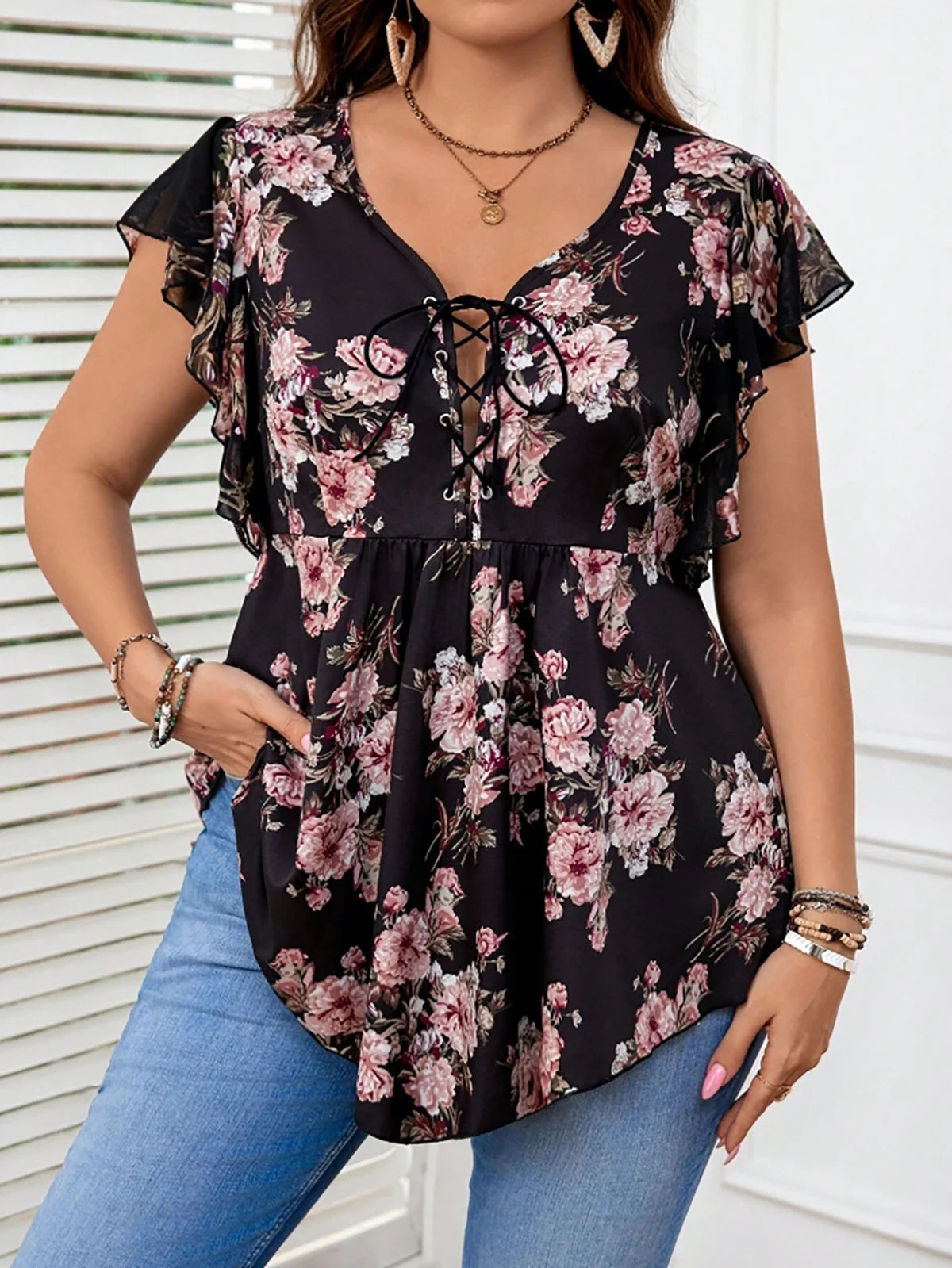 Plus Size Floral Printed Women’s Shirt Blouse Elegant Ruffle Sleeveless Lace-up V-Neck Female Summer Top Casual Vacation Blouses