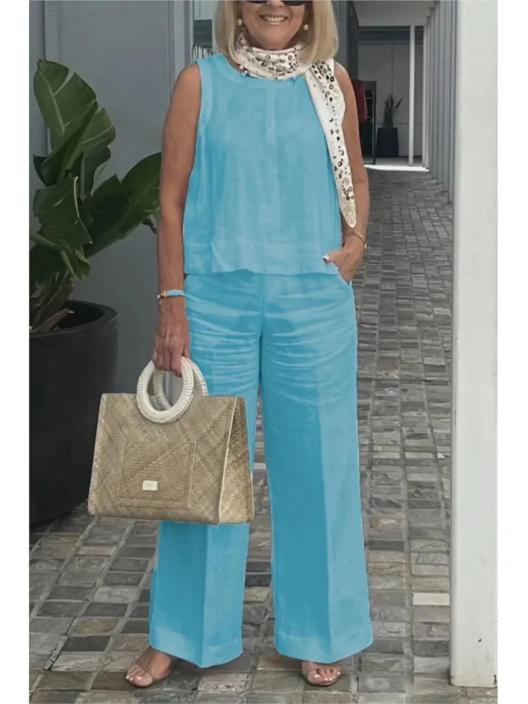 Spring Summer Cotton Linen Solid Color Sleeveless Vest Top Women Pants Suit Casual Pocket Elegant Female Office Retro 2Piece Set SKY BLUE