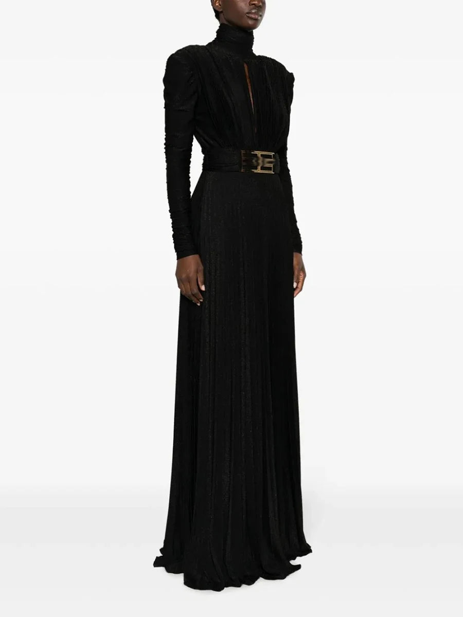 TWOTWINSTYLE Solid Spliced Belt Slimming Dresses For Women O Neck Long Sleeve High Waist Temperament Long Dress Female Clothes