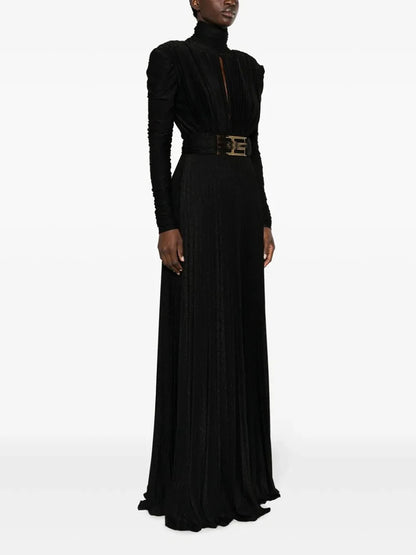 TWOTWINSTYLE Solid Spliced Belt Slimming Dresses For Women O Neck Long Sleeve High Waist Temperament Long Dress Female Clothes