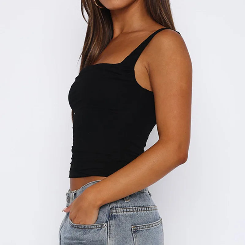Women Sexy Tank Tops New Summer Solid Fashion Folds Sexy Backless Partywear Camisole Elegant Casual Slim Lady Tank Tops Clothing Black
