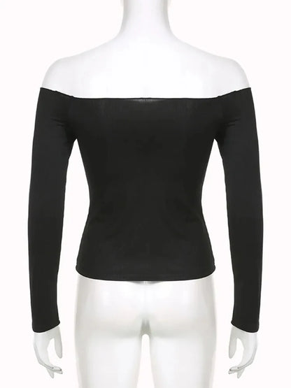 Black Solid Slash Neck Elegant Long Sleeve Tops Korean Fashion Slim Sexy Cropped T Shirt Women Fall Clothing