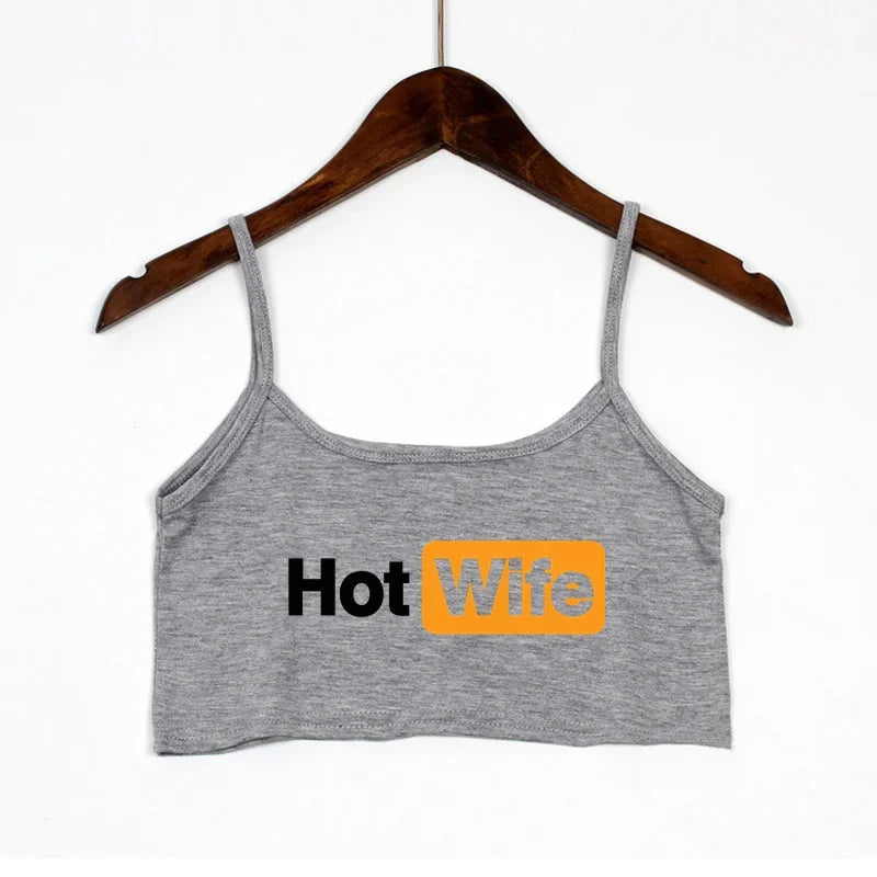 HOT WIFE Letters Print Female Sexy Crop Top Fashion Women's Sexy Elastic Cotton Camis Sleeveless Short Girls Tank Top Bar Women Light Gray 1