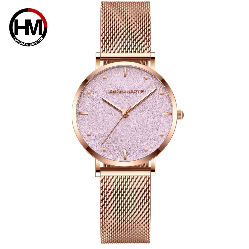 2025 New Women's Luxury Watch Matte Dial Japanese Quartz Movement Stainless Steel Mesh Strap Hannah Martin Brand Original Watch MS36-PINK-WFF