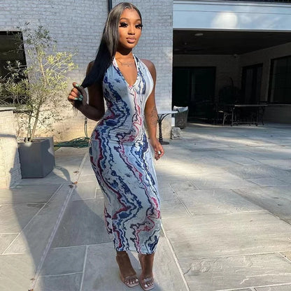 2024 AliExpress European and American cross-border summer fashion print halterneck mid-waist temperament hip wrapping dress