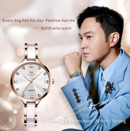OLEVS Luxury Brand Women's Watches Elegant Fashion Ceramic strip Waterproof Japan Imports Quartz Watch Dress Lady Watch Simple