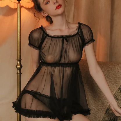 Sexy Lace Lingerie Women's Summer Thin Transparent Tops Gauze Attractive Home Clothes Temptation Women Pajamas Set Nightgown