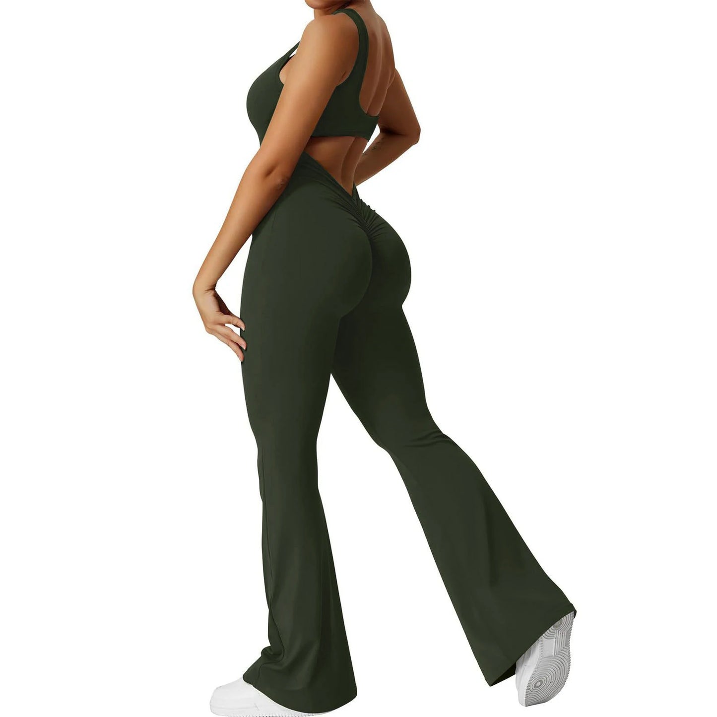 2025 Summer New Women's Sexy Hottie Style Backless One-piece Suit Sports Fitness Yoga Pullover One-piece Suit Flared Pants Green